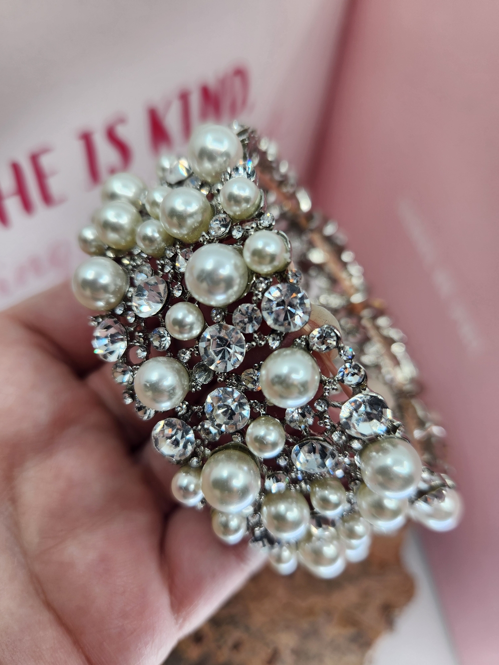 Faux Pearl & Crystal Wide Statement Stretch Bracelet